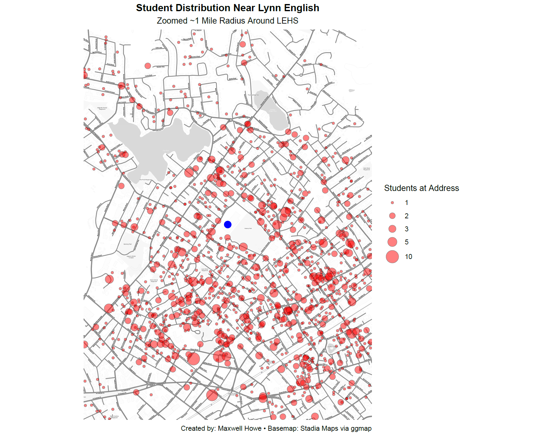 Lynn: Student Addresses near LEHS (1-Mile Zoom)